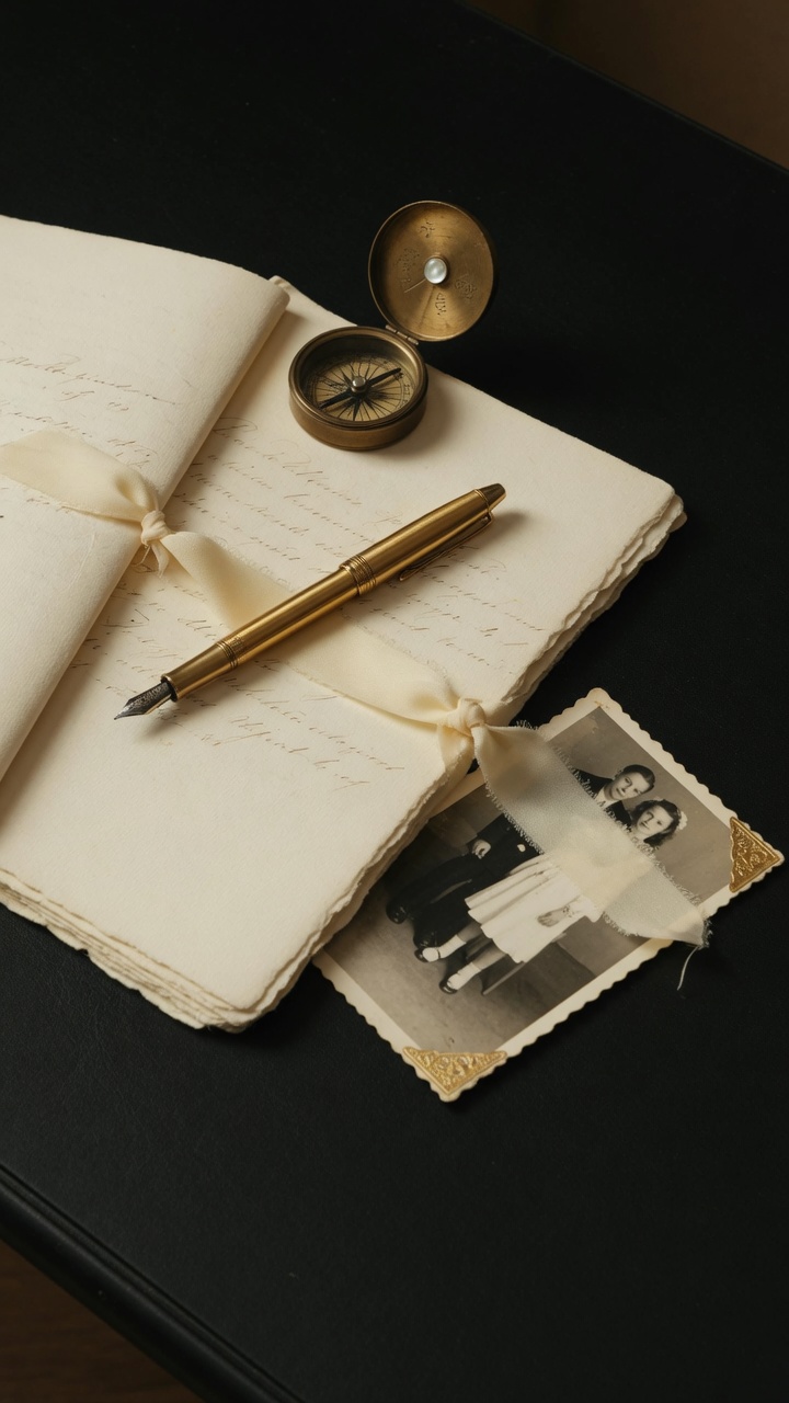A brass compass, gold pen, manuscript pages, and an archival family photograph arranged on a dark desk.
